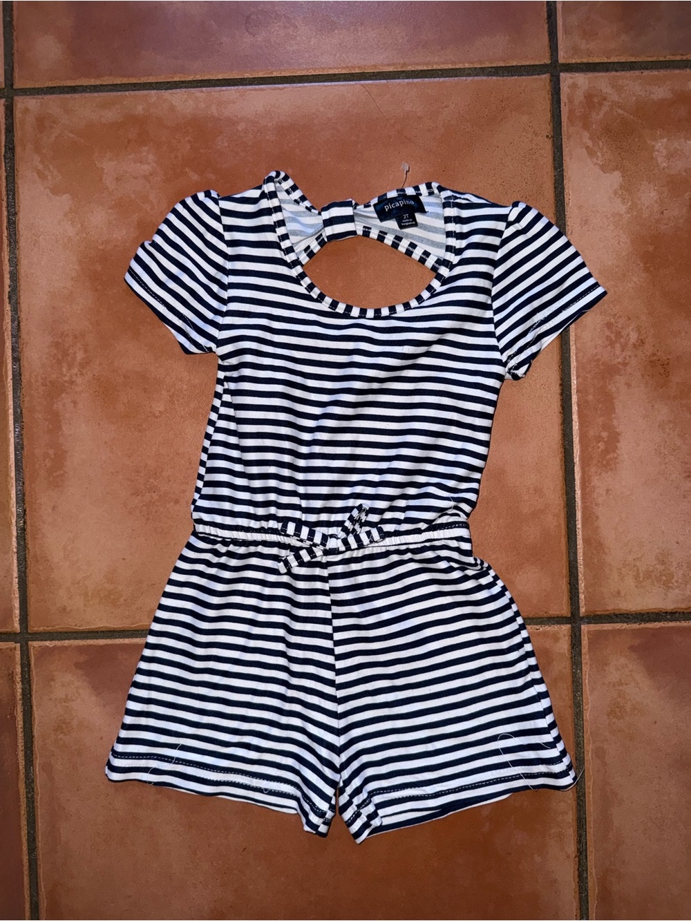 Striped Navy & White Girls' Knit Romper with Keyhole Back